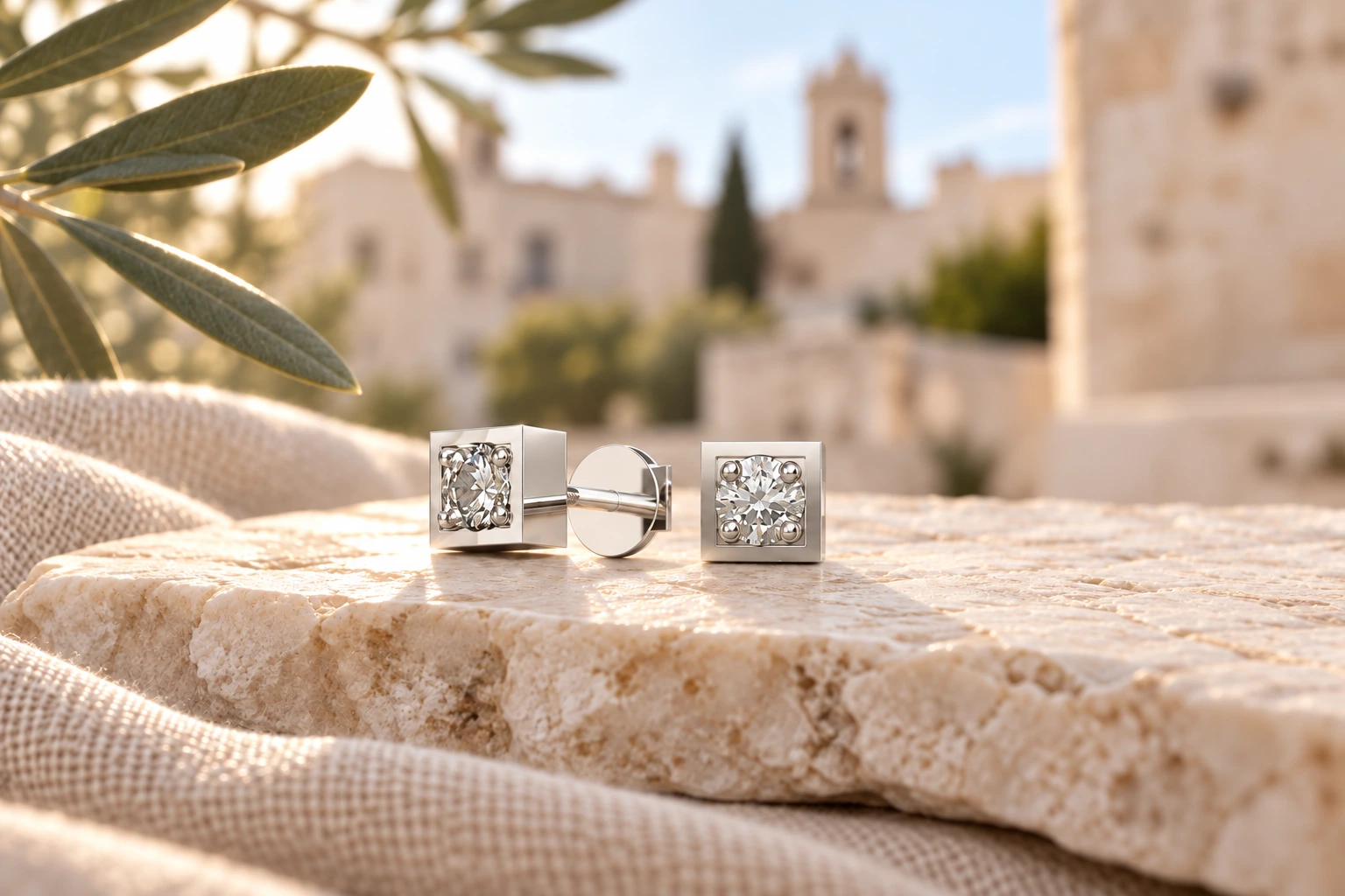 Boucles d’oreilles Strada Diamants Blancs PM en or blanc 18 carats — mise en scène artistique dans les Pouilles.