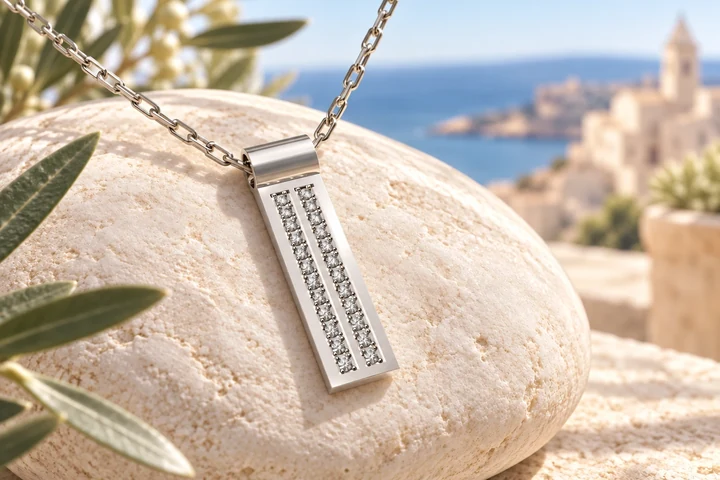 Pendentif Strada 2 Rangs Diamants Blancs en or blanc 18 carats — mise en scène artistique dans les Pouilles.
