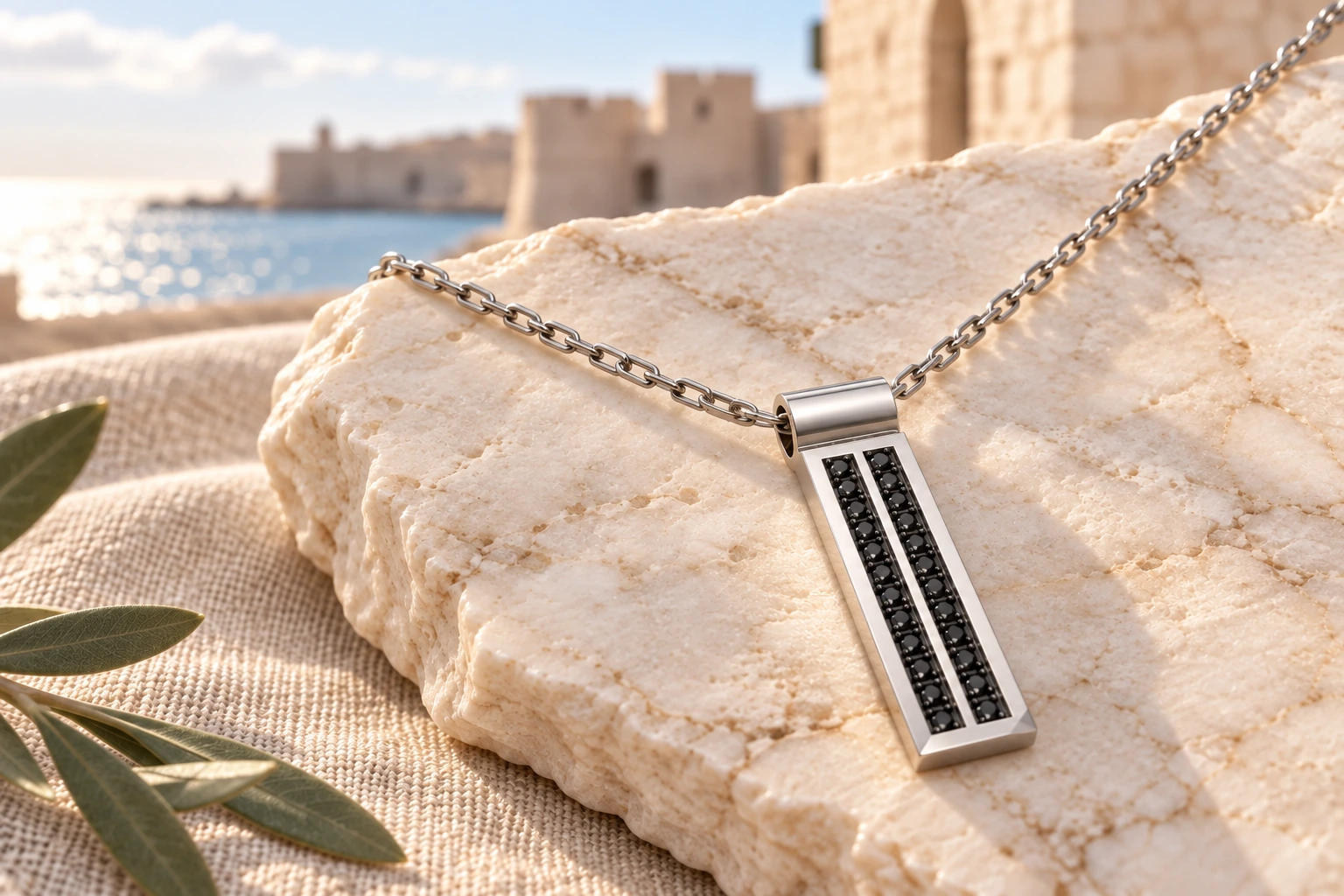 Pendentif Strada 2 Rangs Diamants Noirs en or blanc 18 carats — mise en scène artistique dans les Pouilles.