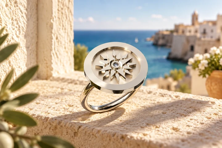 Bague Rose des Vents 1 Diamant Blanc en or blanc 18 carats — mise en scène artistique dans les Pouilles.