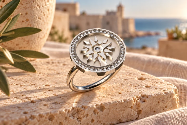 Bague Rose des Vents Diamants Blancs en or blanc 18 carats — mise en scène artistique dans les Pouilles.