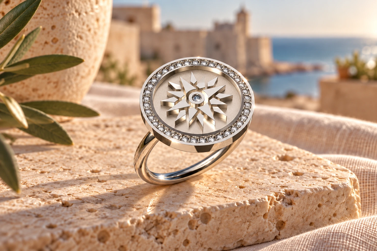 Bague Rose des Vents Diamants Blancs en or blanc 18 carats — mise en scène artistique dans les Pouilles.