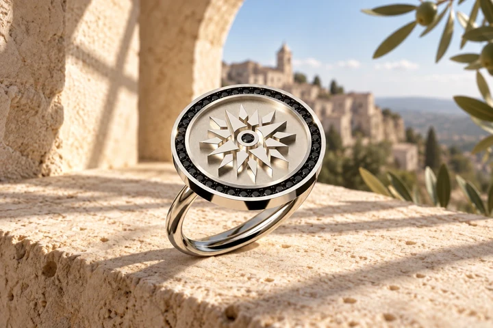 Bague Rose des Vents Diamants Noirs en or blanc 18 carats — mise en scène artistique dans les Pouilles.