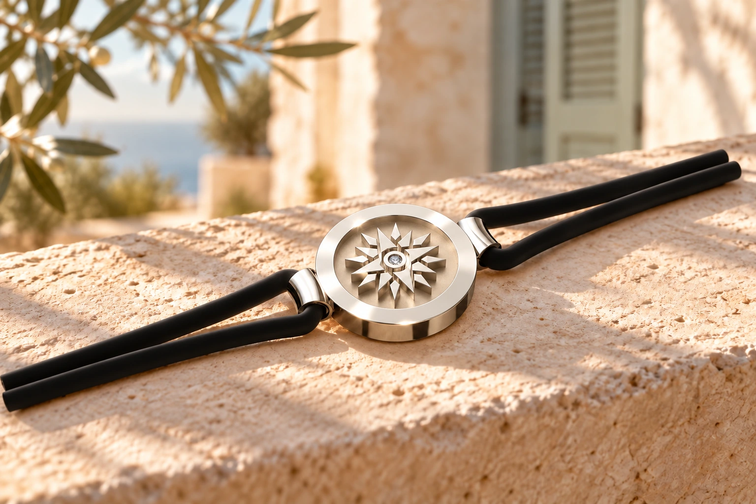 Bracelet Rose des Vents 1 Diamant Blanc en or blanc 18 carats — mise en scène artistique dans les Pouilles.