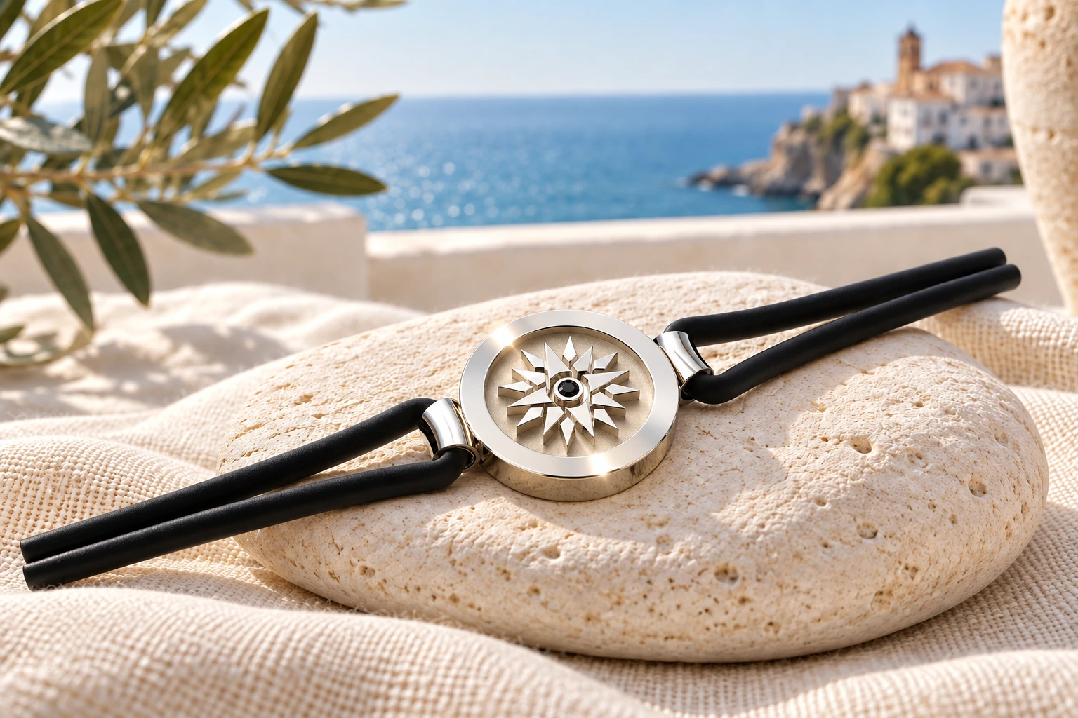 Bracelet Rose des Vents 1 Diamant Noir en or blanc 18 carats — mise en scène artistique dans les Pouilles.