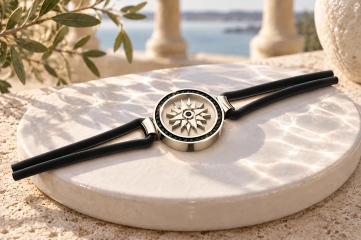 Bracelet Rose des Vents Diamants Noirs en or blanc 18 carats — mise en scène artistique dans les Pouilles.