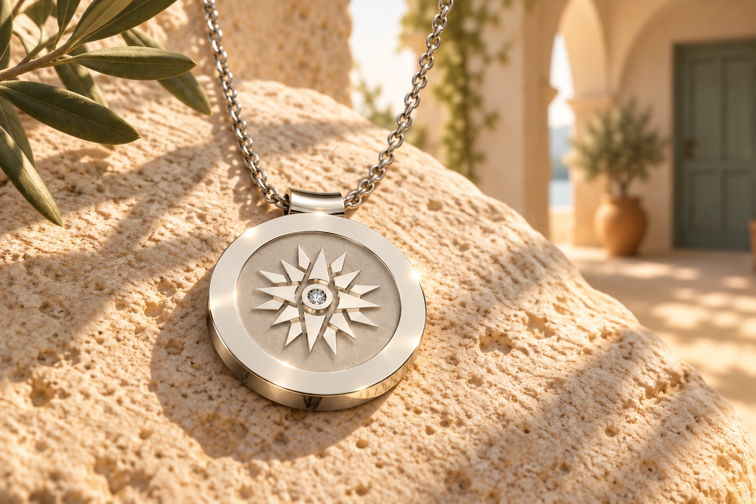 Pendentif Rose des Vents 1 Diamant Blanc en or blanc 18 carats — mise en scène artistique dans les Pouilles.