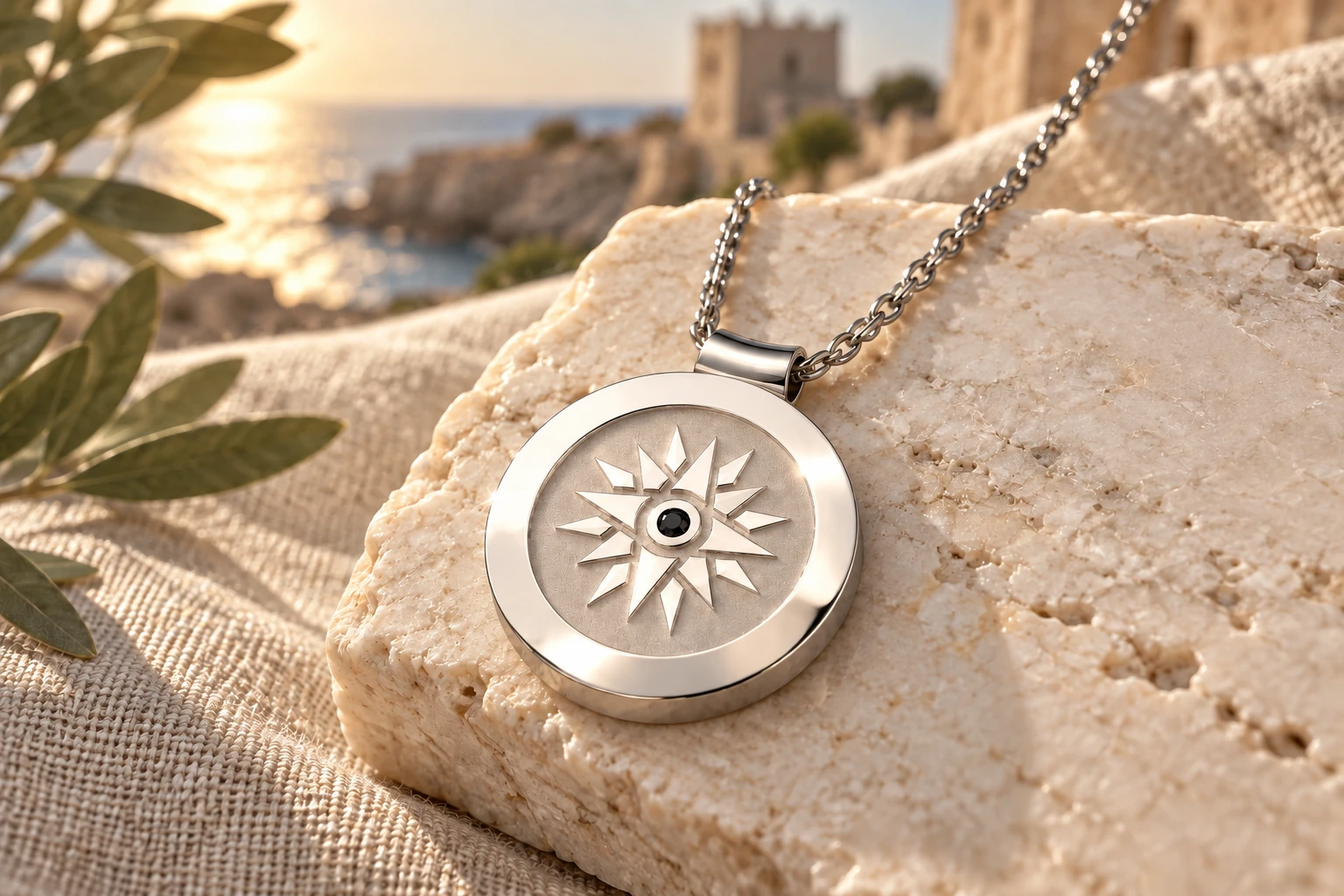 Pendentif Rose des Vents 1 Diamant Noir en or blanc 18 carats — mise en scène artistique dans les Pouilles.