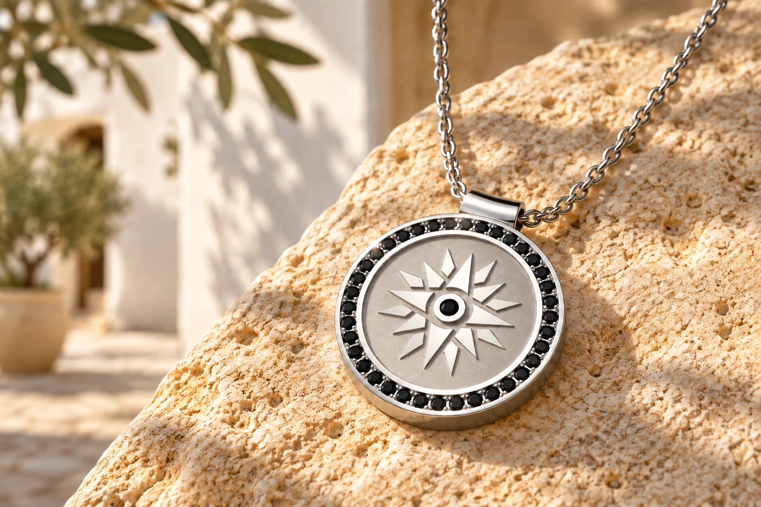 Pendentif Rose des Vents Diamants Noirs en or blanc 18 carats — mise en scène artistique dans les Pouilles.