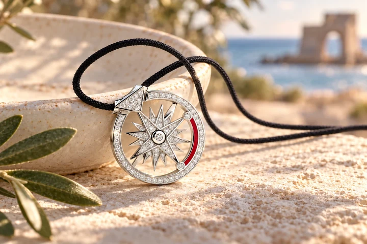 Pendentif Rose des Vents MOSCOU en or blanc 18 carats — mise en scène artistique dans les Pouilles.