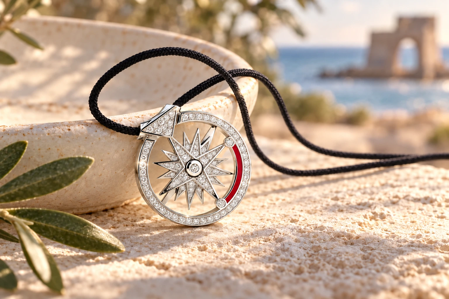 Pendentif Rose des Vents MOSCOU en or blanc 18 carats — mise en scène artistique dans les Pouilles.