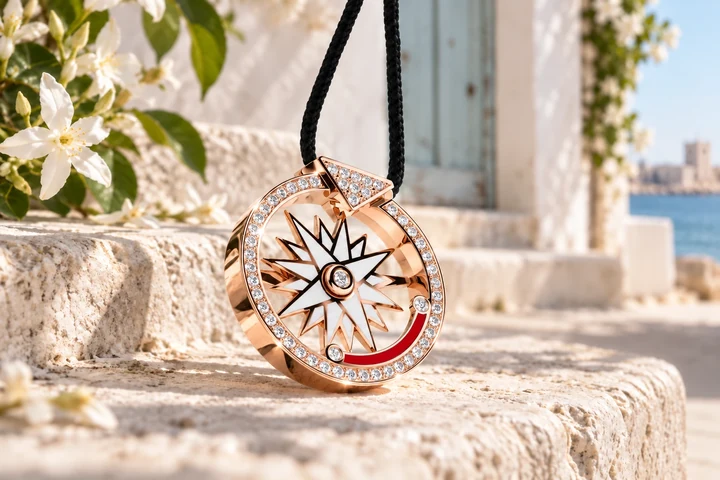 Pendentif Rose des Vents ROME en or rose 18 carats — mise en scène artistique dans les Pouilles.