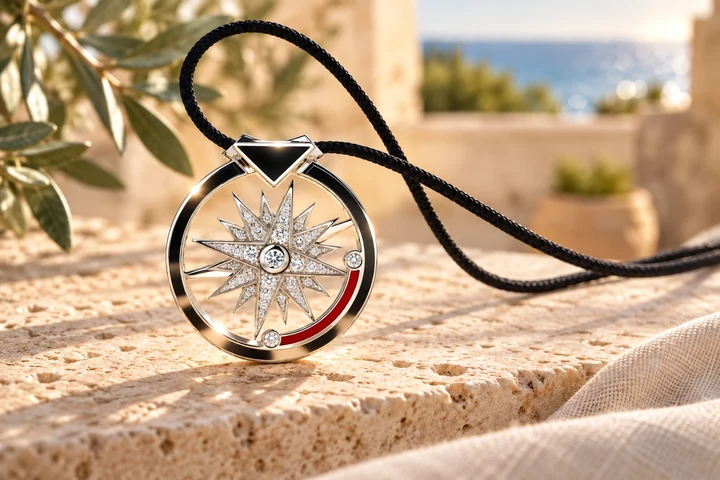 Pendentif Rose des Vents TOKYO en or blanc 18 carats — mise en scène artistique dans les Pouilles.