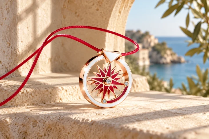 Pendentif Rose des Vents PARIS en or rose 18 carats — mise en scène artistique dans les Pouilles.