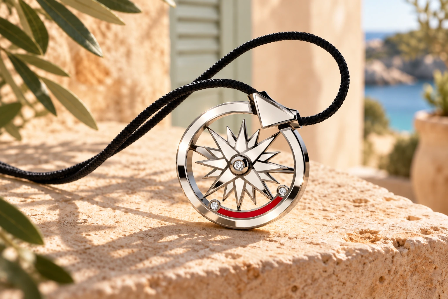 Pendentif Rose des Vents GENEVE en or blanc 18 carats — mise en scène artistique dans les Pouilles.