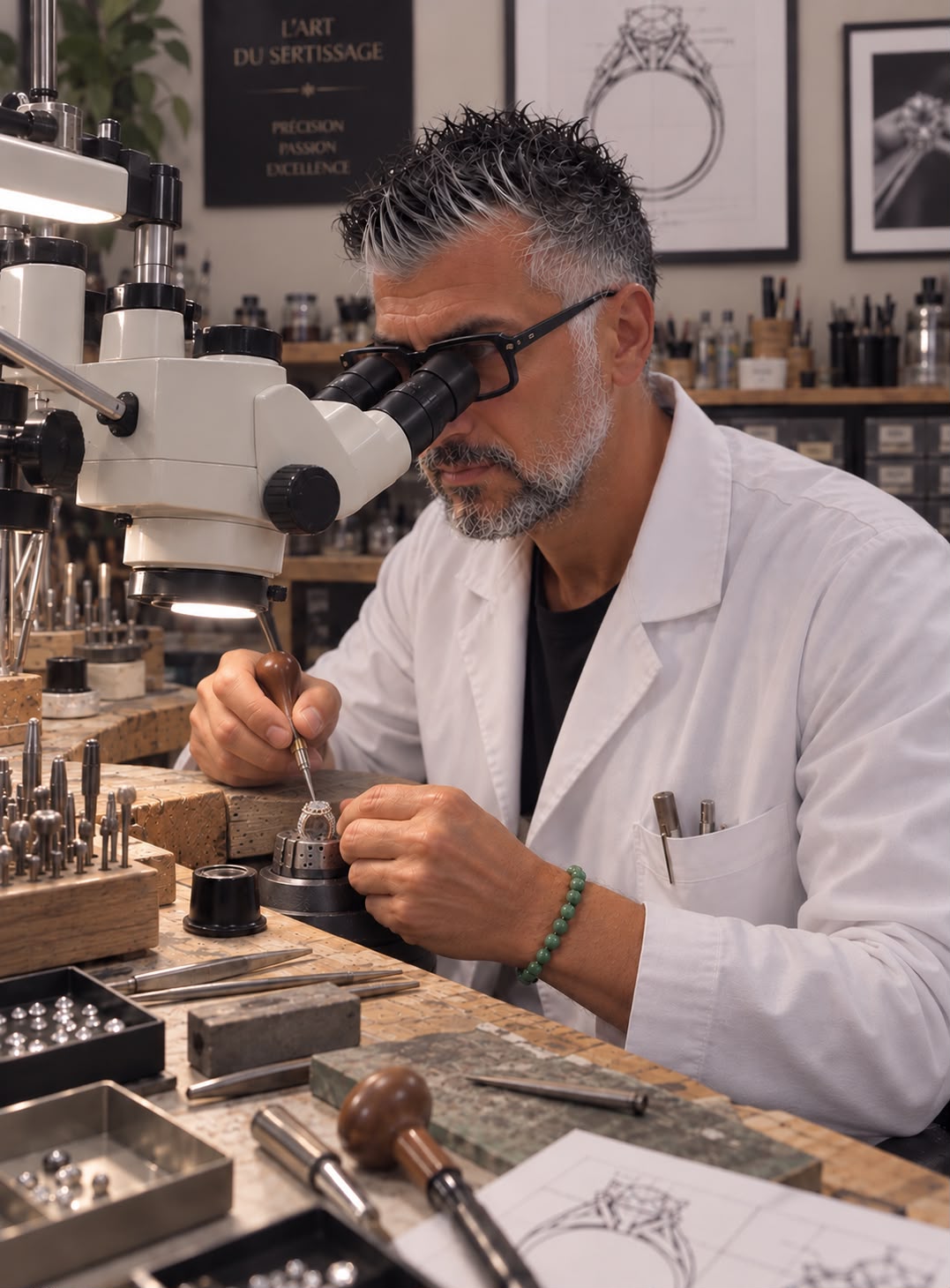 Pascal Cisternino à l’établi, travaillant un bijou sous microscope.