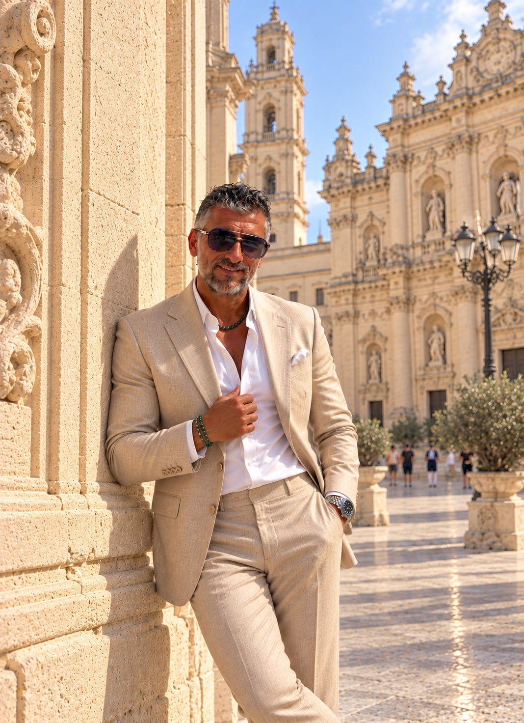 Pascal Cisternino en costume à Lecce, devant la pierre blonde des façades baroques.